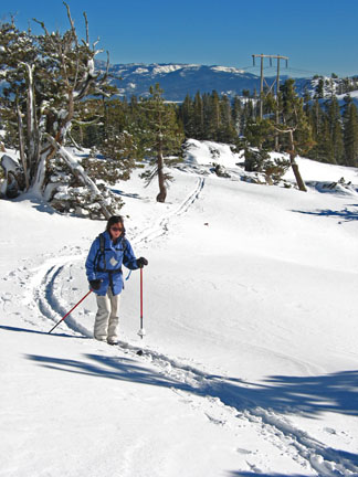 Image of skier winding her way from Lake Angela towards Peak 7665 on Boreal Ridge.