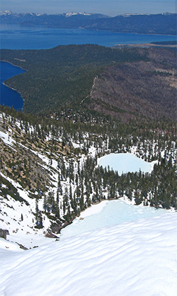 Image of snow-covered Angora Lakes, Fallen Leaf Lake and Lake Tahoe
