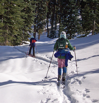 Image of skiers on road to Trail Junction