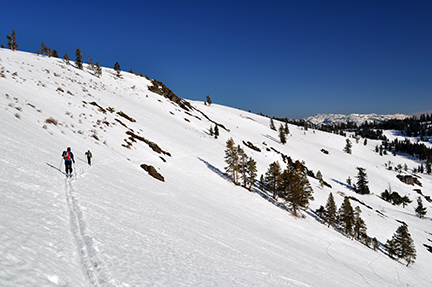 Image of skiers returning from Mount Reba
